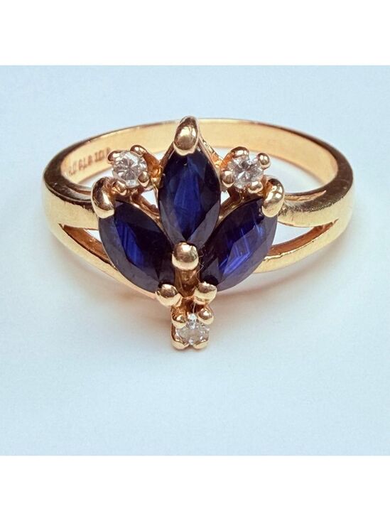 Jewelry - 10K Solid Yellow Gold Blue Sapphire & Natural Diamond Cocktail Vintage Ring